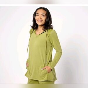 LOGO by Lori Goldstein French Terry Pullover Hoodie With Pintuck Sweater Cardamo